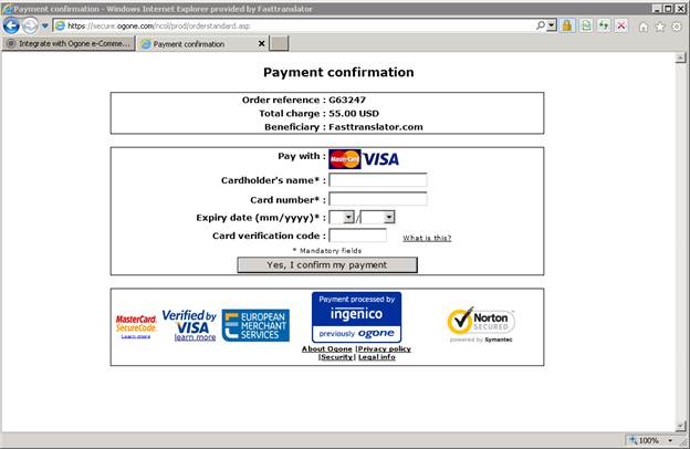 Screenshot of our secure payment system when paying to our American Presence Fasttranslator, Inc.